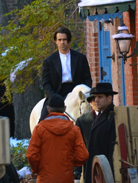 Colin Farrell on a white horse on the set of Winter’s Tale